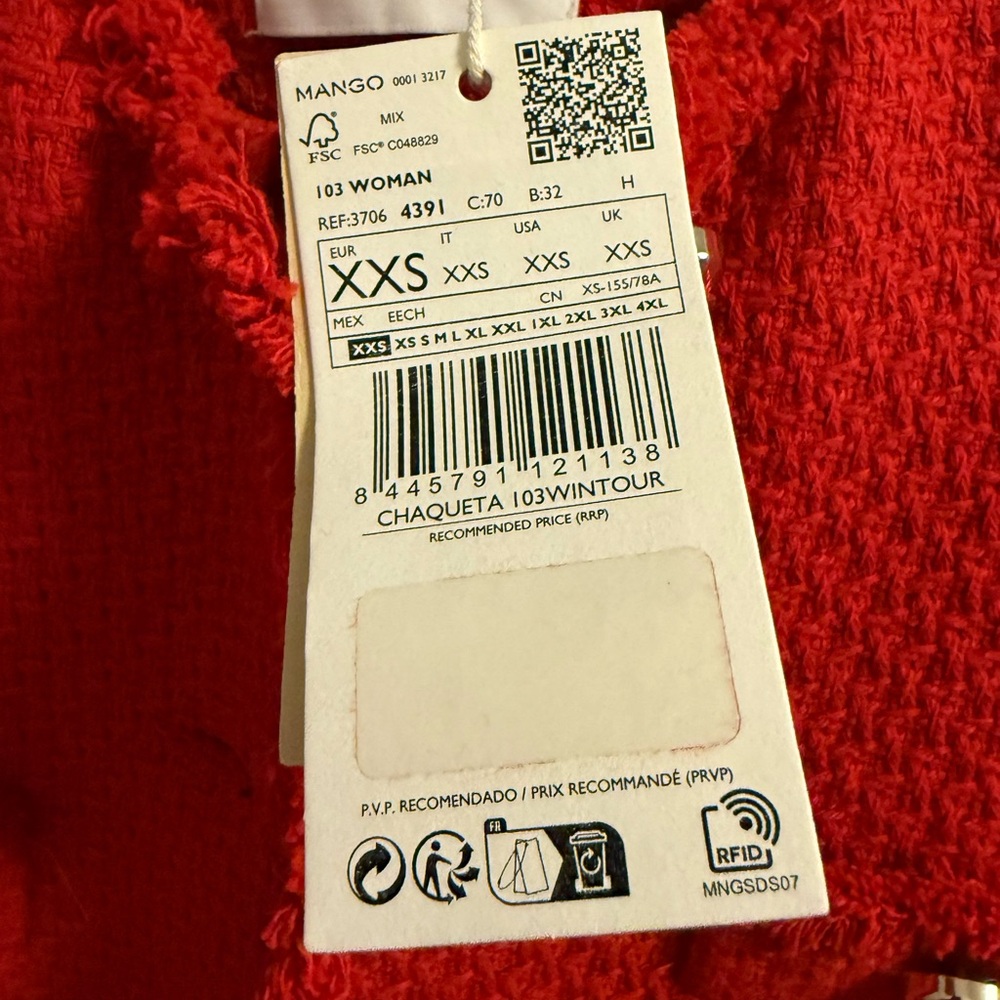 Mango Red Tweed Jacket with Metal buttons and flaps size XXS New with tags - Picture 5 of 6